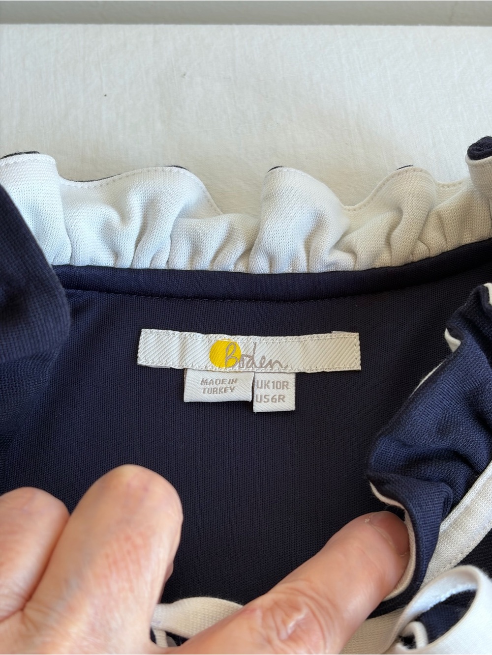 Boden Navy Layla Sheath Dress with Cream Trim and Tie Neck - Picture 6 of 14